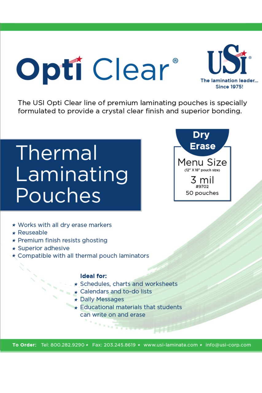 USI Opti Clear DRY ERASE Laminating Pouches Menu Size 3 Mil 12x18" 50-Pack